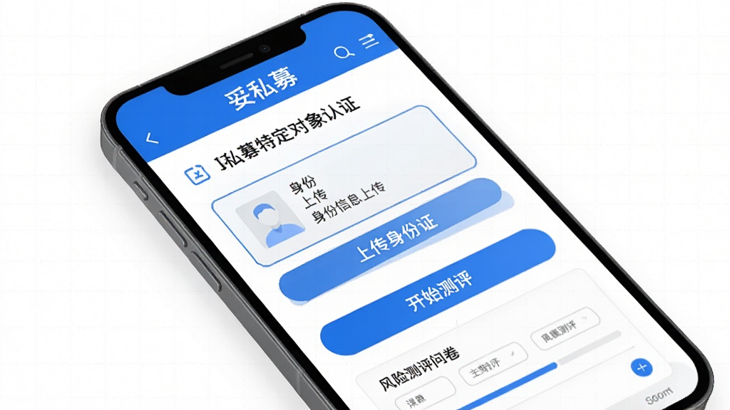 主体:手机屏幕放大展示“妥私募”特定对象认证页面,包含身份信息上传框和风险测评问卷。布局:手机斜放,屏幕内容朝向观众,背景为纯白色,有细微网格。排版:表单字段清晰,有“上传身份证”、“开始测评”按钮。风格:极简主义,蓝色为主色调。细节:屏幕上方有“妥私募”标题栏,下方有进度条,画质干净,无多余元素。
