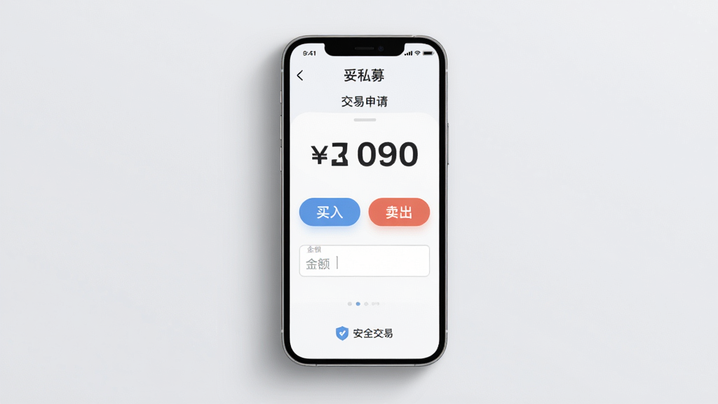 主体:手机屏幕显示“妥私募”交易申请页面,有“买入”、“卖出”按钮和金额输入框。布局:手机居中,背景为浅灰色,有软阴影。排版:按钮圆润,金额数字大而醒目。风格:商务简约。细节:页面底部有“安全交易”标识,画质高清,无多余元素。