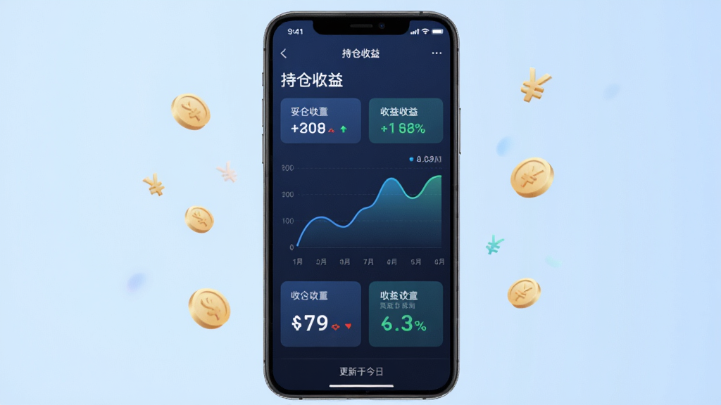 主体:手机屏幕显示“妥私募”持仓页面,有折线图和收益数字。布局:手机直立,背景为淡蓝色渐变,有悬浮的货币符号装饰。排版:数据卡片依次排列,折线图平滑。风格:科技感,数据可视化风格。细节:页面顶部有“持仓收益”字样,底部有“更新于今日”提示,画质清晰,无多余元素。