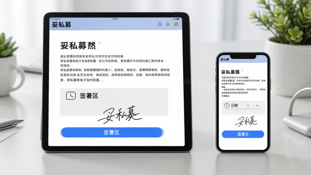 主体:平板电脑和手机并排展示,屏幕显示“妥私募”电子合同签署页面,有“签署区”和“日期”字段。布局:设备从左侧到右侧横向排列,背景为浅灰色办公桌面,有绿植点缀。排版:电子合同文本清晰可读,签署按钮蓝色醒目。风格:商务风格,光线明亮柔和。细节:合同页眉有“妥私募”字样,签署区有手写签名样式,画面干净,无多余元素,画质高清。