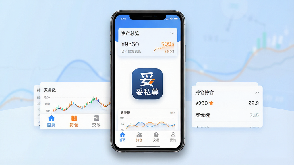 主体:一部智能手机屏幕显示“妥私募”应用主界面,界面风格简洁现代,背景为浅蓝色渐变,前景有清晰的图表和持仓数据卡片。布局:手机居中,屏幕内展示“首页”、“持仓”、“交易”、“我的”四个底部标签,上方有“资产总览”卡片。排版:界面图标大而清晰,文字标签位于图标下方,整体布局整齐有序。风格:扁平化设计风格,色彩以蓝色和白色为主,点缀橙色高亮。细节:应用图标位于手机屏幕中央,有“妥私募”字样,屏幕底部有淡淡的阴影,画质高清,干净,无多余元素。