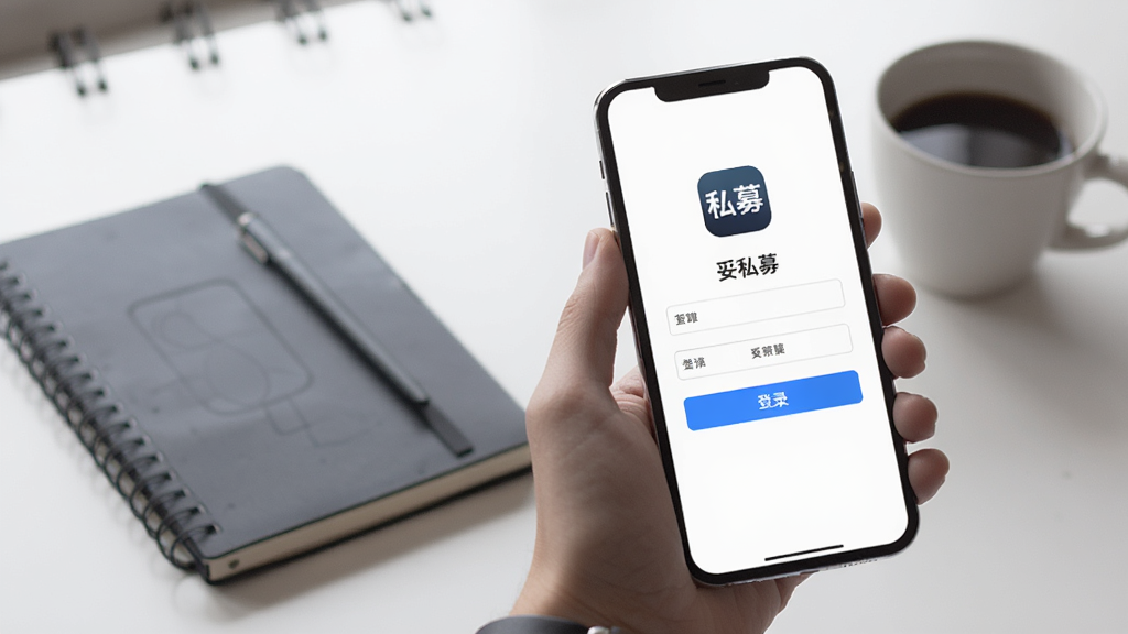 主体:一只手拿着手机,屏幕显示“妥私募”登录界面,背景为桌面有笔记本和咖啡杯。布局:手机位于画面中央偏右,左侧有空间。排版:登录表单简洁,有“登录”按钮。风格:生活化场景,自然光。细节:手机屏幕上有“妥私募”应用图标,画质干净,无多余元素。