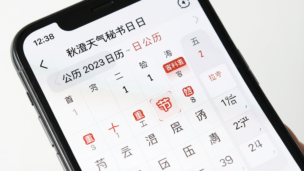 秋澄天气秘书日历与农历界面,手机屏幕显示月历视图,同时标注公历和农历日期,重要节气用红色标记,界面简洁大方,文字清晰,画质高清,干净无多余元素