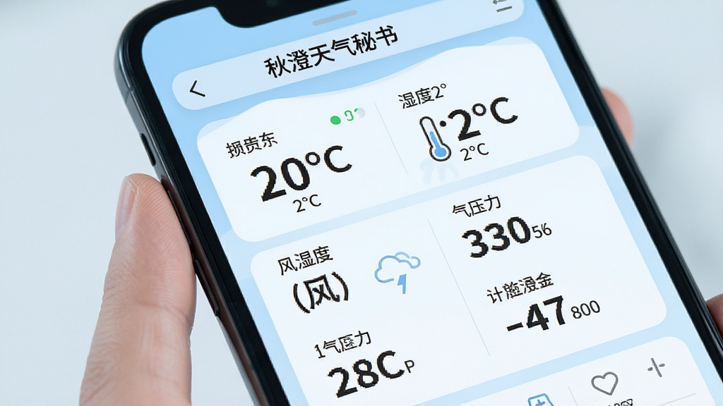 秋澄天气秘书实时气象监测功能展示,手机界面显示温度、湿度、风力、气压等详细数据,数据面板设计简洁,数字清晰,背景为浅蓝色调,画质高清,干净无多余元素