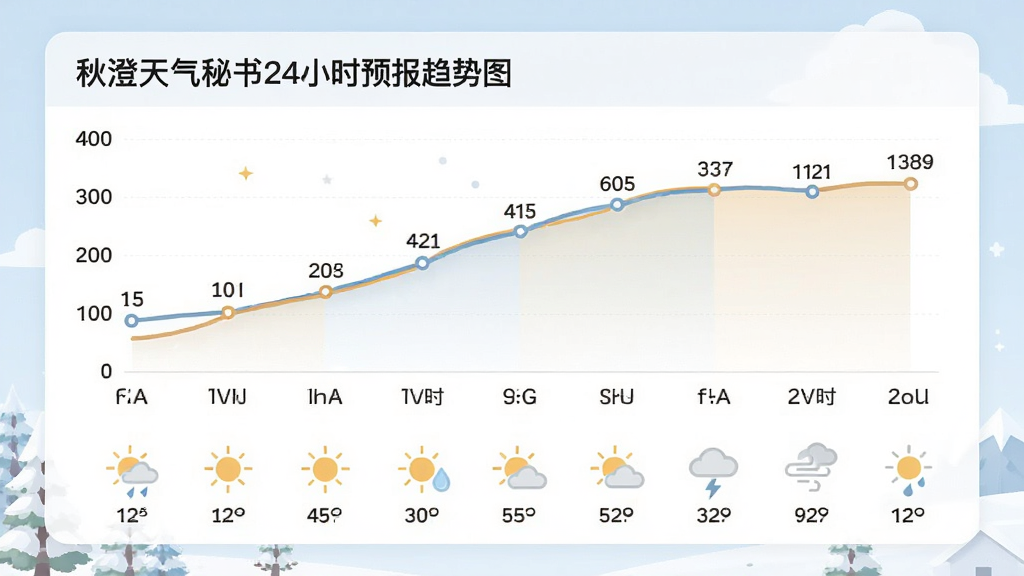 秋澄天气秘书24小时预报趋势图,曲线图展示温度变化,下方为逐时天气图标列表,界面采用卡片式设计,色彩柔和,图表清晰,画质高清,干净无多余元素