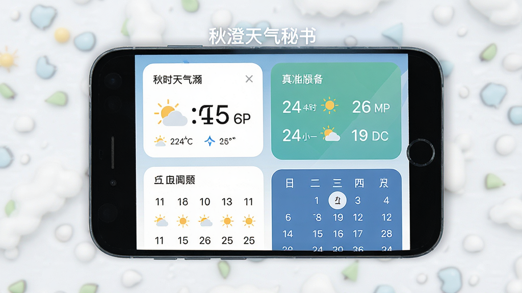 秋澄天气秘书主界面预览图,手机屏幕展示实时天气数据、24小时预报和日历信息,界面采用扁平化设计,色彩清新,布局规整,文字清晰,画质高清,干净无多余元素