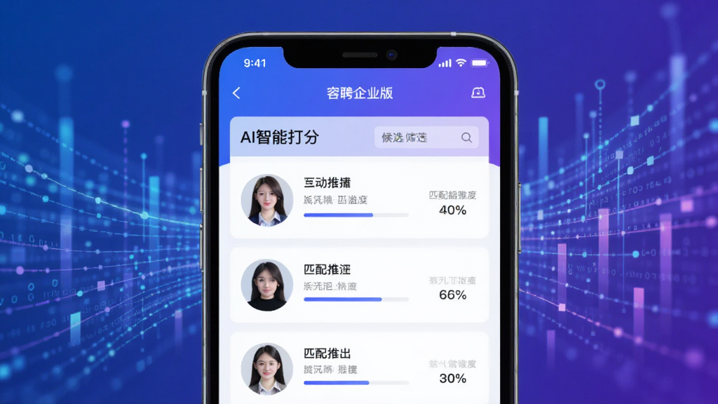 画面主体为容翼聘企业版APP的简历筛选界面,展示AI智能打分与候选人推荐列表,背景为抽象的数据流图形,布局简洁,排版清晰,风格科技感十足,蓝紫色渐变色调,细节处体现候选人匹配度百分比,画质高清,干净无多余元素