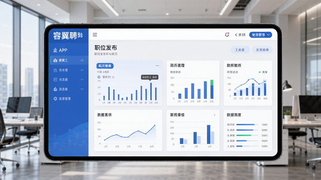 画面主体为容翼聘企业版APP的界面截图,展示其职位发布与简历管理后台,背景为现代化的办公场景,布局清晰,排版专业,采用商务蓝与白色为主色调,风格简约大气,细节处体现数据可视化图表,画质高清,干净无多余元素
