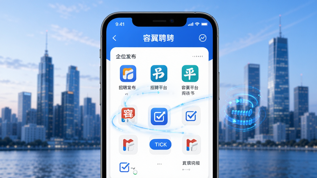 画面主体为容翼聘企业版APP的职位发布界面,展示多个招聘平台图标一键勾选同步,背景为城市天际线,布局直观,排版清晰,风格现代商务,蓝色系主色调,细节处体现数据同步动画效果,画质高清,干净无多余元素