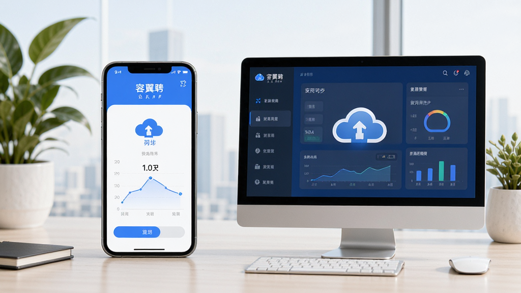 画面主体为容翼聘企业版APP在手机与电脑上同时使用的场景,展示数据同步功能,背景为办公桌与绿植,布局左右对称,排版干净,风格清新商务,浅色系色调,细节处体现云端同步图标,画质高清,干净无多余元素