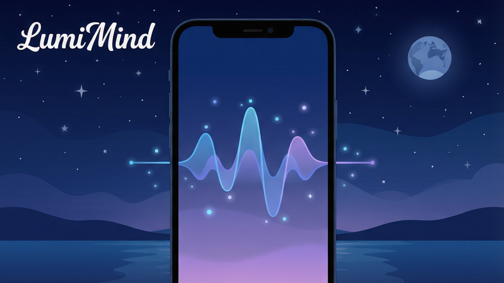 一幅展示LumiMind手机应用界面的高清概念图,界面以深蓝色和柔和的紫色渐变为主,中央显示一个动态的脑波波形图,波形平滑流畅,周围环绕着细微的光点,背景是星空与宁静的夜晚场景,左上角有