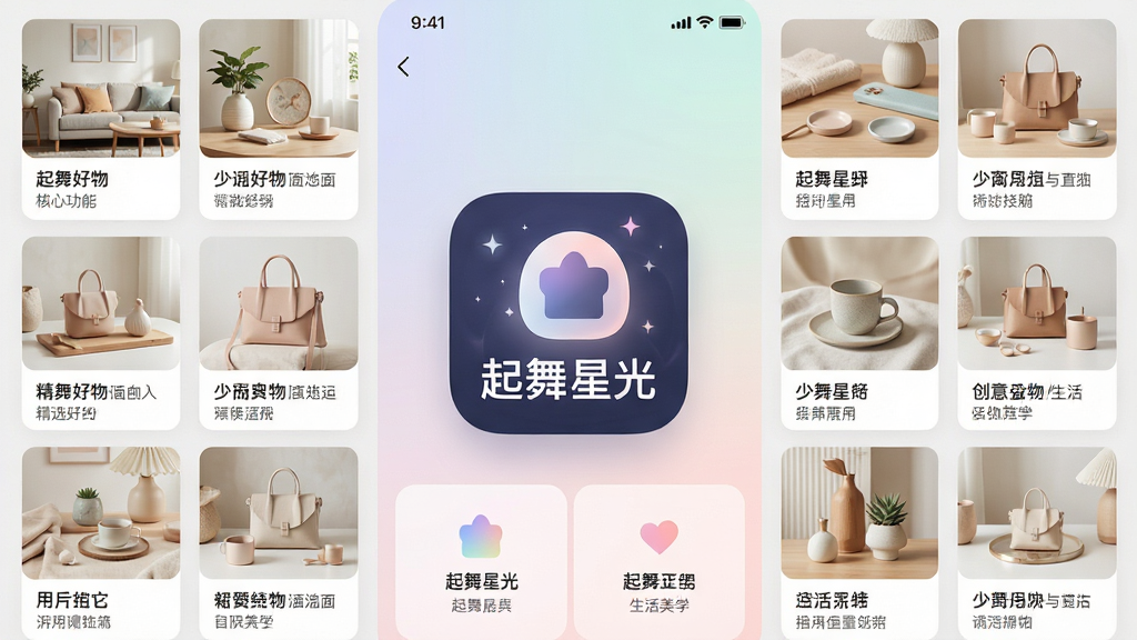 主体:起舞星光APP界面展示,展示精选好物与生活美学场景;布局:界面中央展示APP图标与核心功能模块,四周环绕家居、小物、创意单品等商品图片;排版:采用网格布局,商品卡片整齐排列,突出“少而精”的选品理念;风格:清新简约,色调柔和,体现生活美学平台的质感;细节:每个商品卡片标注名称与简介,APP图标带有“起舞星光”字样,背景为淡雅渐变;画质:高清细腻,光线柔和,干净无多余元素。