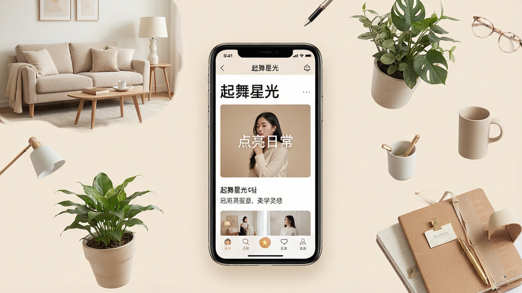 主体:起舞星光APP美学灵感页面;布局:中央为手机展示灵感专题,周围浮动着家居、绿植、文具等美学元素;排版:自由式构图,错落有致,体现生活美学氛围;风格:清新文艺,色调以米色、原木色为主;细节:手机屏幕显示“起舞星光”专题页,配文“点亮日常”;画质:柔和自然,干净无多余元素。