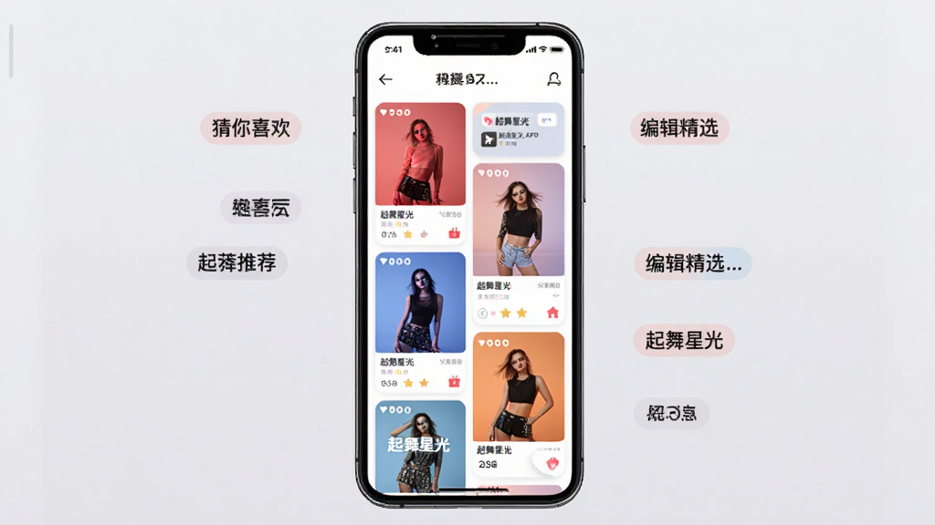 主体:起舞星光APP个性化推荐界面;布局:手机居中,屏幕显示推荐商品瀑布流,周围环绕“猜你喜欢”“编辑精选”等标签;排版:瀑布流布局,卡片大小不一,错落有致;风格:现代简约,色彩明快;细节:推荐卡片带有“起舞星光”标识,背景为浅灰色;画质:高清,商品细节清晰,干净无多余元素。