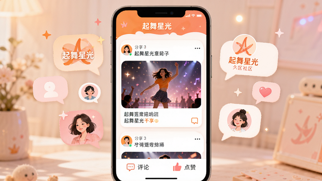 主体:起舞星光APP社区互动页面;布局:手机屏幕显示用户分享的动态,下方有评论、点赞图标,周围有头像气泡;排版:信息流式布局,动态卡片带图片与文字;风格:活泼温暖,色调以暖橙、淡粉为主;细节:动态文案与“起舞星光”社区标识;画质:清晰自然,干净无多余元素。