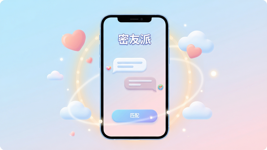 画面主体为一部智能手机,屏幕显示“密友派”应用主界面,界面风格清新柔和,以浅蓝和淡粉渐变为主色调,顶部有“密友派”字样,下方为对话气泡和匹配按钮。布局以手机为中心,周围环绕着柔和的光晕和抽象的心形、云朵图标,象征温暖与倾诉。排版简洁大方,突出应用名称和核心功能。风格为现代扁平插画风,结合轻微3D质感,细节丰富,画质高清,干净无多余元素。
