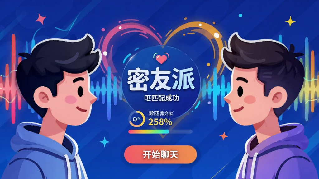 画面主体为两个卡通人物头像,中间有“密友派”匹配成功动画,背景为多彩的声波和心形线条交织。布局对称,采用左右互望的构图,风格为现代科技感插画,色彩明亮活泼,细节包括匹配百分比和“开始聊天”按钮,画质清晰,干净无多余元素。