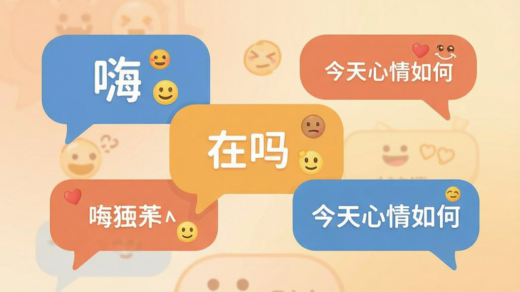 画面主体为多个气泡对话框,内部有“嗨”、“在吗”、“今天心情如何”等文字,背景为柔和渐变色,布局错落有致,风格为扁平化设计,色彩温馨,细节包括小表情符号,画质简洁干净,无多余元素。