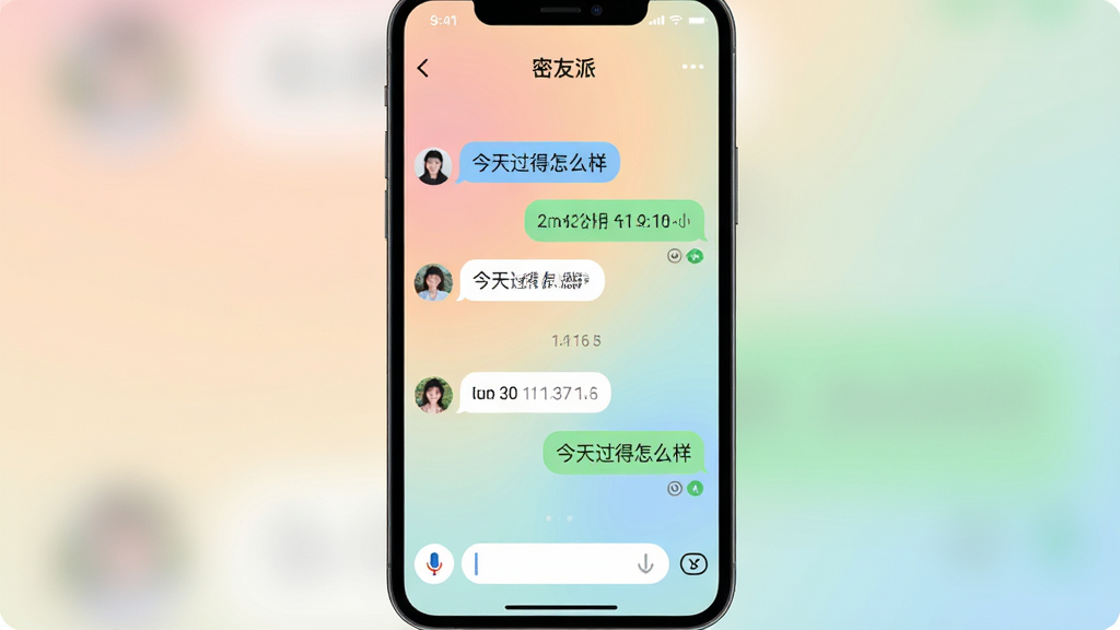 手机屏幕显示“密友派”聊天界面,背景为柔和渐变,对话气泡中有“今天过得怎么样”等文字,界面下方有麦克风图标和输入框,布局居中,风格扁平化,色彩清新,细节包括时间戳和已读标记,画质干净,无多余元素。