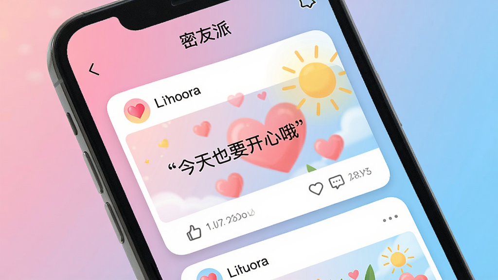 画面主体为手机屏幕显示“密友派”社区页面,有帖子卡片,内容为“今天也要开心哦”,背景有爱心和阳光元素。布局为纵向列表,风格为清新自然,色调粉蓝渐变,细节包括点赞和评论图标,画质高清,干净无多余元素。