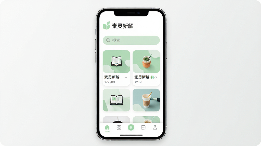 一幅展示素灵新解APP在手机上运行的界面预览图,主体为一部智能手机屏幕特写,屏幕中显示APP首页布局,上方为品牌LOGO与搜索栏,中部为图文卡片列表,下方为底部导航栏。整体风格现代简约,以白色和浅绿色为主色调,图标圆润,排版清晰,画质高清,干净无多余元素。