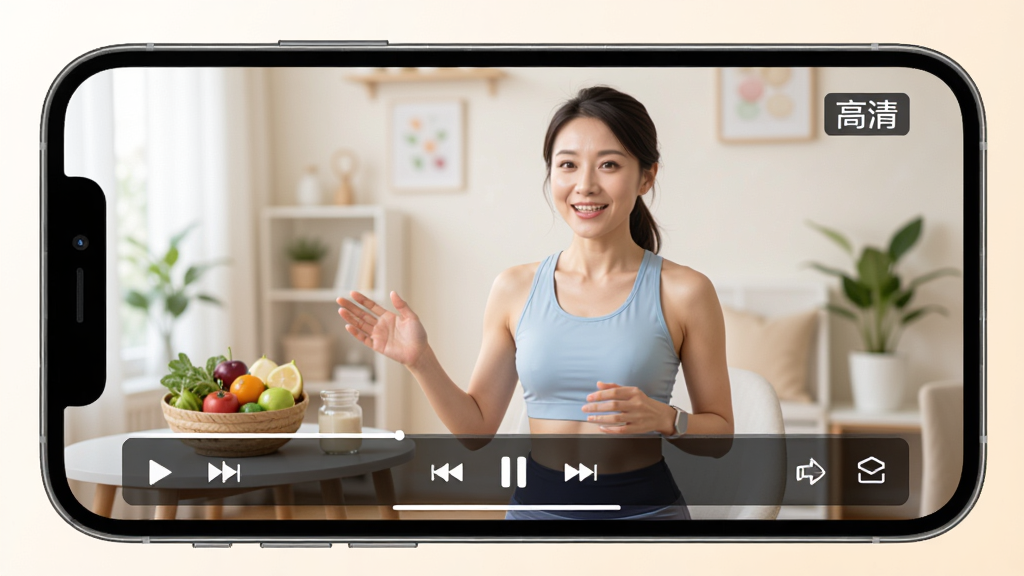 展示素灵新解APP视频播放页面的效果图,主体为手机横屏播放视频的画面,视频中是一位健康讲师正在讲解营养知识,画面下方有播放控制条,右上角有“高清”标识。整体风格专业温馨,色调明亮,画质细腻,排版整洁,无多余元素。