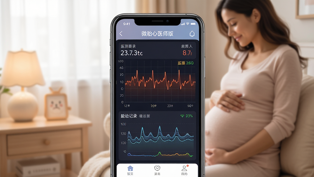 微胎心医师版界面预览图,主体为手机APP界面,显示胎儿心率曲线与胎动记录,背景为温馨的孕妇居家场景,画面干净清晰,布局合理,色调柔和,突出APP名称“微胎心医师版”与监测数据,整体风格专业且温暖,画质高清,无多余元素