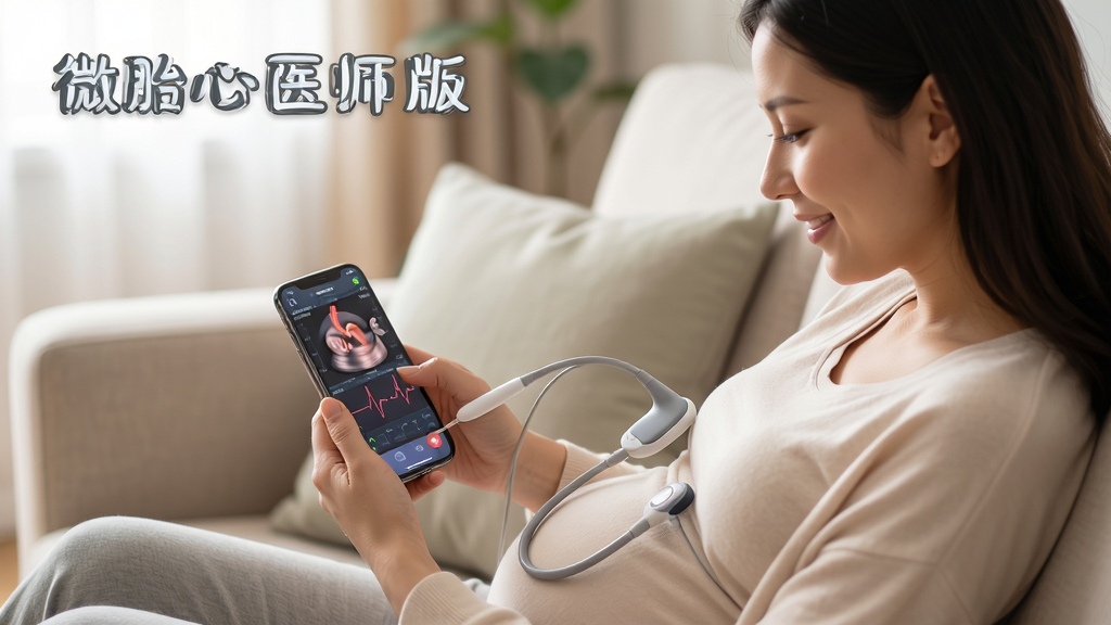 微胎心医师版使用场景图,主体为孕妈在沙发上使用手机和胎心探头进行监测,画面温馨,布局自然,突出“微胎心医师版”字样,风格写实,画质高清,干净无多余元素