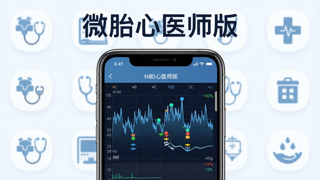 微胎心医师版APP的NST监测功能演示图,主体为手机屏幕展示胎心率曲线与胎动标记,背景为简洁的医疗风格图标,突出“微胎心医师版”字样,画面布局清晰,数据可视化,风格专业,画质高清,干净无杂乱元素