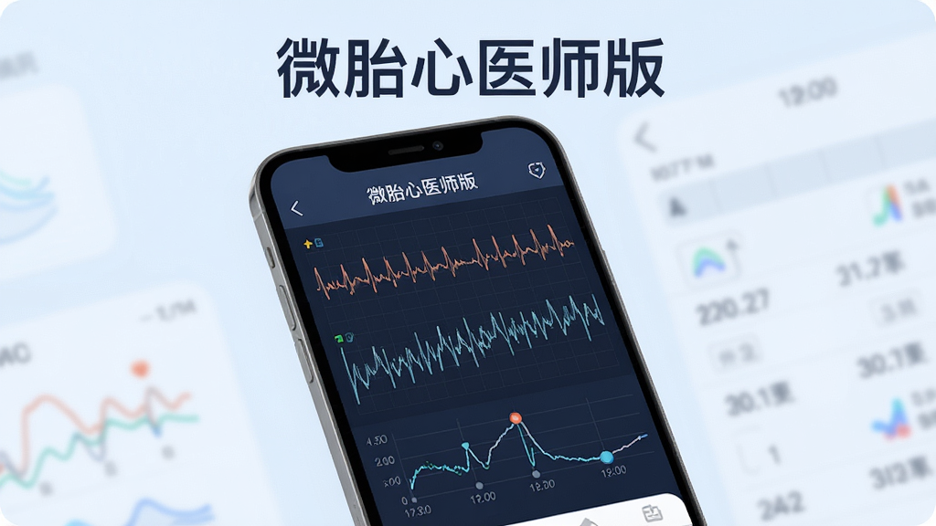 微胎心医师版长时监测数据图表,主体为手机APP画面上显示多段胎心率曲线与胎动标记时间轴,背景为柔和浅色,突出“微胎心医师版”名称,布局清晰,图表专业,画质高清,干净无多余元素