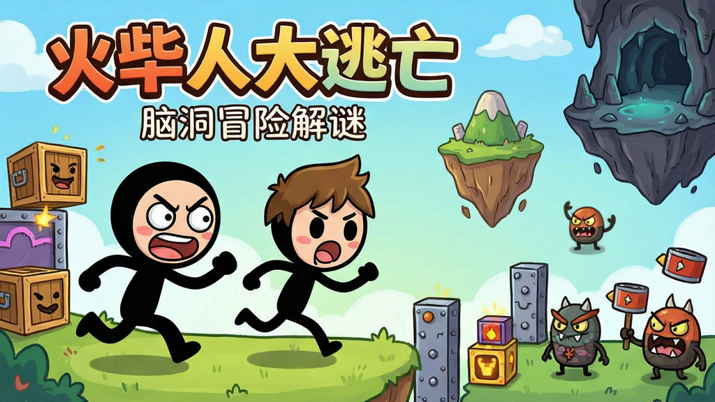 主体:火柴人大逃亡游戏主视觉,两个Q版火柴人角色小帅和小杰在奇幻冒险场景中奔跑,前方有各种机关和谜题。布局:角色居中偏左,右侧展示冒险世界的多样元素,如悬浮岛屿、神秘洞穴、搞笑道具。排版:采用游戏宣传图风格,标题“火柴人大逃亡”以卡通字体置于画面上方,副标题“脑洞冒险解谜”位于下方。风格:Q萌卡通手绘风,色彩明亮活泼,线条圆润。细节:角色表情夸张生动,场景充满幽默元素,如会说话的箱子、搞怪的敌人。画质:高清细腻,干净无多余元素。