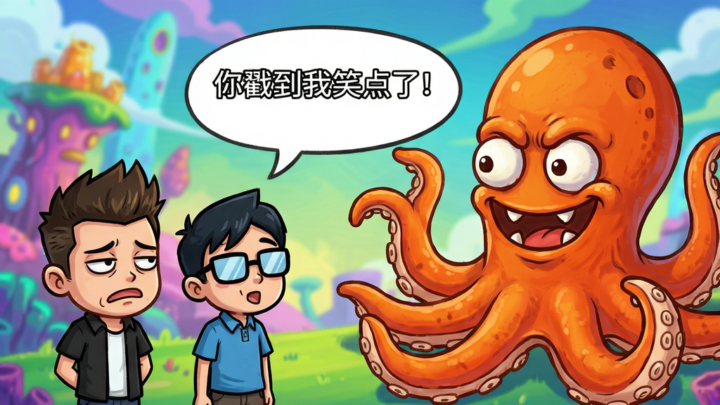 主体:火柴人大逃亡游戏中的搞笑剧情场景,小帅和小杰正与一个巨大的搞笑章鱼怪对峙。布局:角色位于画面左侧,章鱼怪占据右侧,背景是五彩斑斓的幻想世界。排版:画面中央弹出对话气泡,写着“你戳到我笑点了!”。风格:Q萌卡通手绘,色彩艳丽,充满喜剧感。细节:章鱼怪的触手摆出搞怪姿势,小帅露出无奈表情。画质:高清细腻,干净无多余元素。