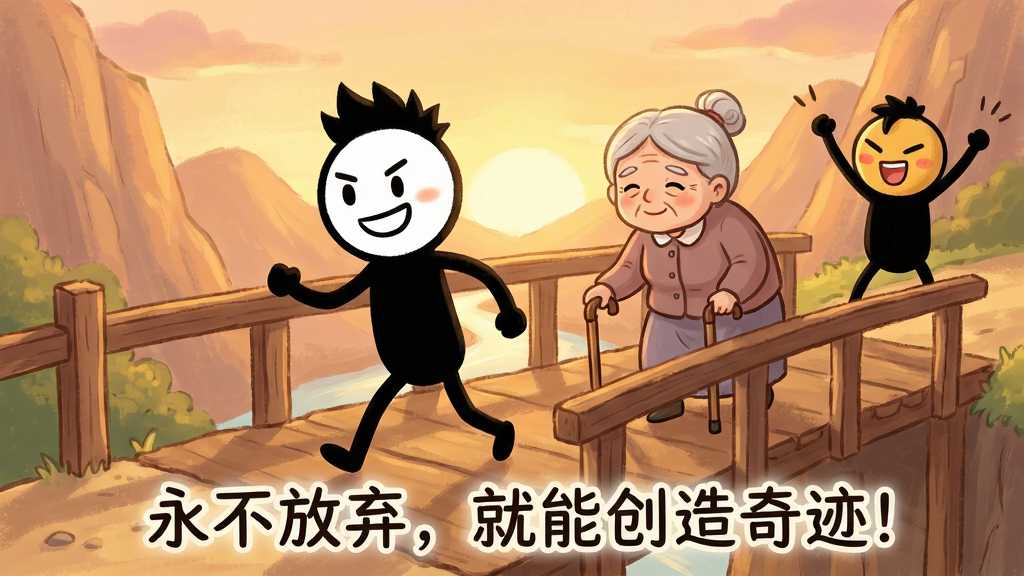 主体:火柴人大逃亡中火柴人小帅帮助一位老奶奶过桥的场景,背景是夕阳下的山谷。布局:小帅在前方引路,老奶奶拄着拐杖跟在后面,小杰在桥头加油。排版:画面下方显示励志标语“永不放弃,就能创造奇迹!”。风格:温暖治愈的卡通手绘风,色调柔和。细节:小帅脸上带着自信的微笑,老奶奶表情慈祥。画质:高清细腻,干净无多余元素。