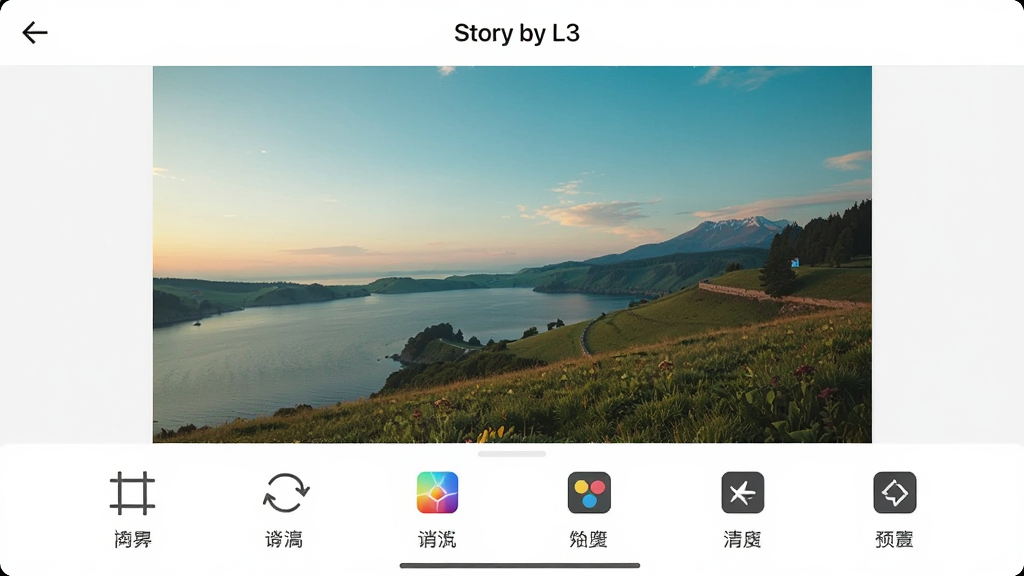 展示故事相册(Story by L3)内置编辑工具的应用界面,画面分为上下两部分,上方是照片预览区,显示一张经过滤镜处理的风景照,下方是编辑工具栏,包含裁剪、旋转、滤镜等图标,每个图标下方有中文标注,顶部有“Story by L3”的标题栏,整体风格清新简洁,画质清晰,干净无多余元素。