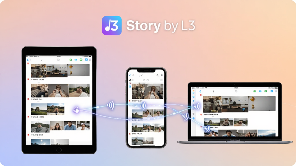 展示故事相册(Story by L3)跨平台同步功能的示意图,画面中央是一台智能手机,左右两侧分别是平板电脑和笔记本电脑,三台设备屏幕上都显示着相同的照片时间线界面,中间用发光的连接线表示数据同步,背景是柔和的渐变色,突出“Story by L3”的Logo,画质清晰,干净无多余元素。
