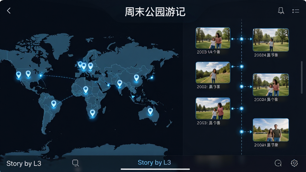 展示故事相册(Story by L3)智能故事线功能的界面,左侧是一张世界地图,上面有多个标记点,右侧是照片时间线,每张照片之间用虚线连接,并标注时间和地点,顶部显示故事标题“周末公园游记”,整体布局清晰,科技感十足,应用名称“Story by L3”出现在底部工具栏,画质清晰,干净无多余元素。