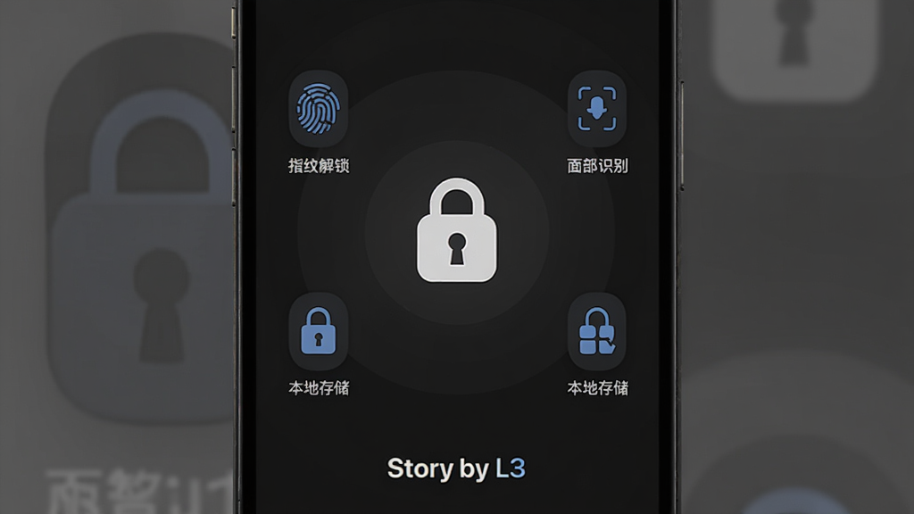 展示故事相册(Story by L3)隐私保护功能的界面,背景是深色模式,中央是一个锁形图标,周围环绕着“指纹解锁”、“面部识别”、“本地存储”等图标,底部有“Story by L3”的字样,整体风格安全可靠,画质清晰,干净无多余元素。