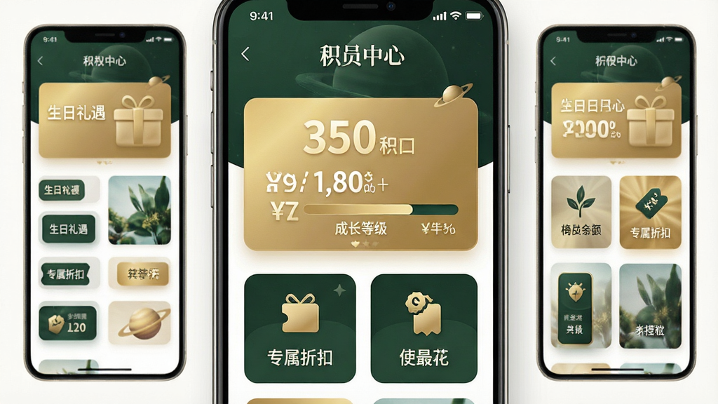 一张「植物的星球」App会员权益界面设计图,主体是手机应用内的会员中心页面,布局突出显示积分余额、成长等级进度条和各项特权图标,排版采用卡片式布局,风格轻奢简约,以金色和墨绿色搭配,细节包含“生日礼遇”、“专属折扣”等文字标签,画质细腻干净,无多余元素
