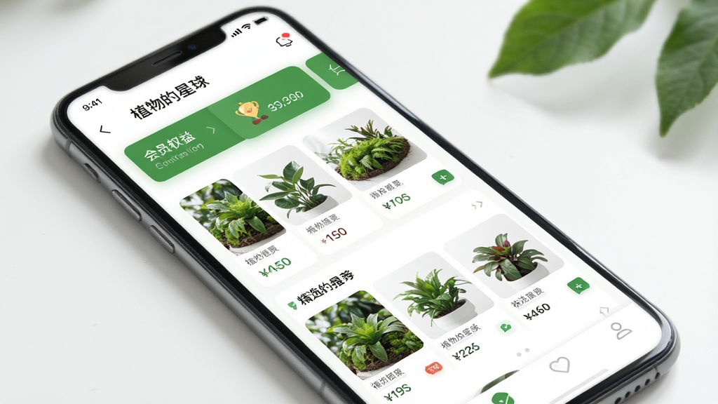 一张精美的「植物的星球」会员商城App手机界面预览图,主体是手机屏幕展示商城首页,布局清晰展示产品分类、会员权益入口和精选商品推荐,排版采用简洁的电商风格,风格清新自然,以绿色和白色为主色调,细节包括商品图片、价格标签和功能图标,画质高清通透,干净无多余元素