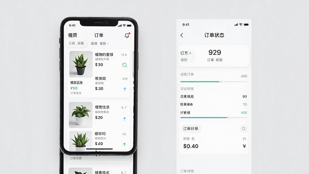 一张「植物的星球」App商品列表与订单详情页的合成示意图,主体是手机屏幕展示商品列表和订单状态,布局采用上下分屏设计,排版整洁,风格清爽商务,以浅灰色为背景色,细节包括商品缩略图、价格、订单进度条,画质清晰干净,无多余元素