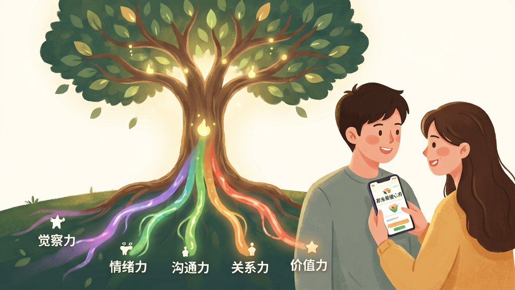 画面中央是一棵枝繁叶茂的发光生命树,树根延伸出五条彩色的能量脉络,分别标注“觉察力、情绪力、沟通力、关系力、价值力”。树旁有一对年轻情侣正在微笑对视,手里拿着手机看着“耕幸福健心房”的界面。整体风格温暖治愈,扁平插画风,柔和的暖色调,排版干净留白,画质细腻,无多余元素。