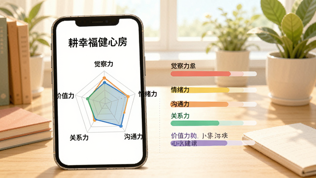 手机屏幕展示“耕幸福健心房”的心灵测评结果页面,页面中有五维雷达图,分别标注“觉察力、情绪力、沟通力、关系力、价值力”,旁边有彩色进度条和简短文字建议。背景是温馨的书桌和绿植,整体风格干净明亮,扁平插画风,细节丰富,画质高清。
