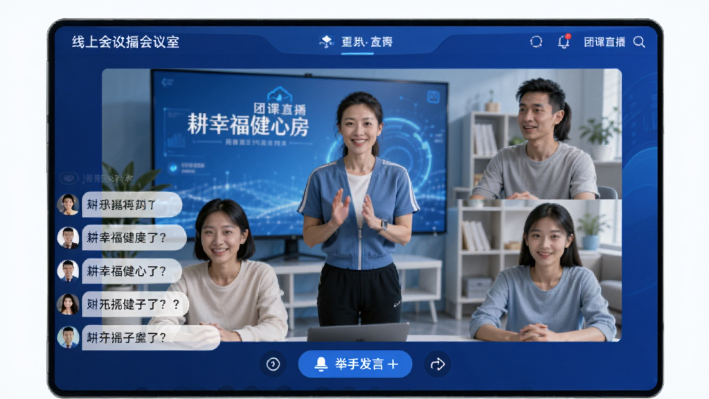 线上视频会议室界面,屏幕上有“耕幸福健心房”的团课直播画面,教练正在与多名学员互动,聊天框显示学员提问,界面下方有“举手发言”按钮。整体风格科技感与现代感结合,蓝色调,界面清晰,画质高。