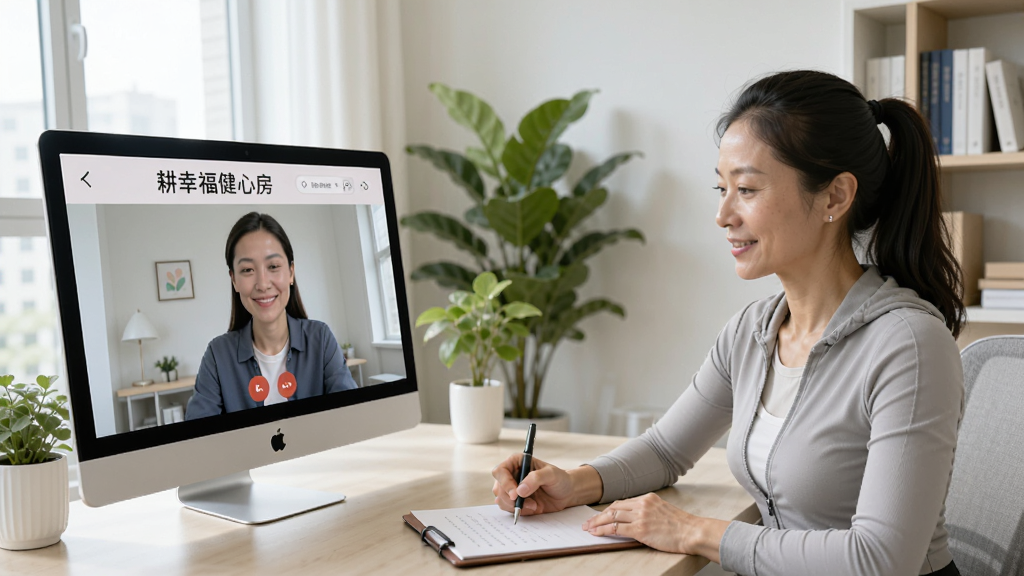 一位专业的女性教练正在与用户视频通话,屏幕上显示“耕幸福健心房”的咨询界面,教练在纸上记录要点,用户表情轻松。场景是简洁明亮的办公室,背景有绿植和书架,写实风格,自然光线,画质清晰。