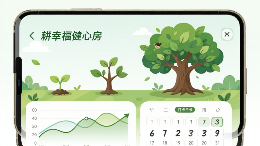 手机界面展示“耕幸福健心房”的成长记录页面,页面中有生命树从幼苗到繁茂的过程动画,下方有曲线图和打卡日历。整体风格清新自然,绿色调,扁平插画风,排版简洁,画质干净。