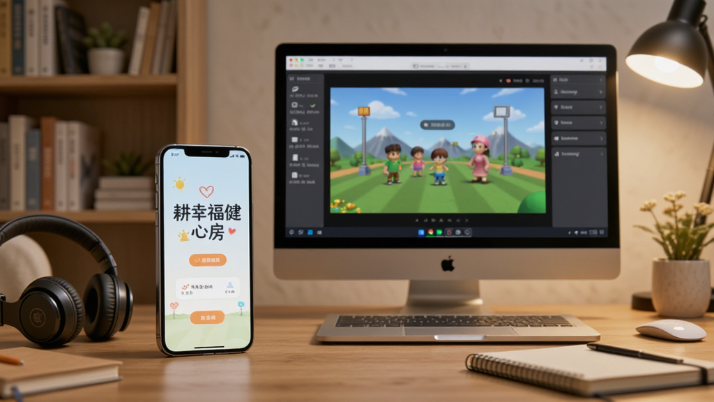 一部手机和一台电脑并排放置,手机屏幕显示“耕幸福健心房”的主界面,电脑屏幕显示模拟器运行界面,周围有耳机和笔记本,场景为现代书房,暖色调,风格写实,细节丰富,画质清晰。