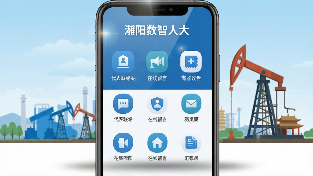 主体:手机屏幕展示濮阳数智人大主界面,背景为濮阳市地标建筑(如龙湖、中原油田井架),界面清晰显示“代表联络站”“在线留言”等功能图标。布局:手机位居画面中央,界面朝向前方,四周留白,下方配以简洁的阴影。排版:手机界面内图标排列整齐,文字标签“濮阳数智人大”置于屏幕顶部居中。风格:写实与扁平化结合,色彩明亮,主色调为蓝色与白色,体现政务应用的正式感与科技感。细节:屏幕反射轻微光晕,界面图标精细,背景建筑轮廓清晰,画质高清,干净,无多余元素。