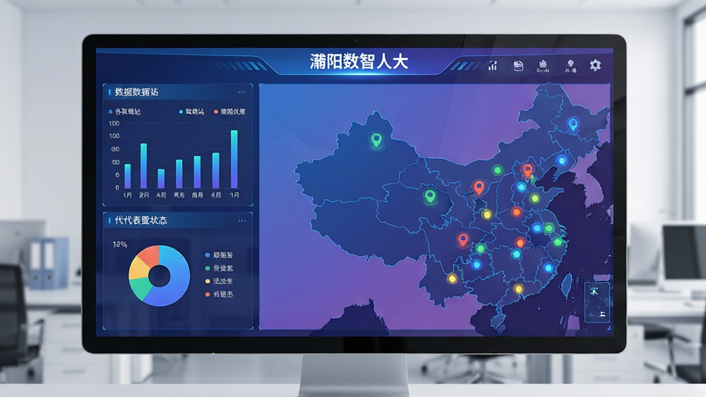 主体:濮阳数智人大后台数据管理界面,电脑屏幕显示地图与数据图表,标记各联络站位置与代表状态。布局:屏幕占据画面主体,左侧为数据面板,右侧为地图,背景为简洁的办公环境。排版:数据面板包含柱状图、饼图,地图上分布彩色圆点,顶部工具栏写有“濮阳数智人大”。风格:科技感UI设计,蓝紫渐变色调,线条流畅。细节:图表数据清晰,地图边界准确,屏幕反光适度,画质高清,干净,无多余元素。