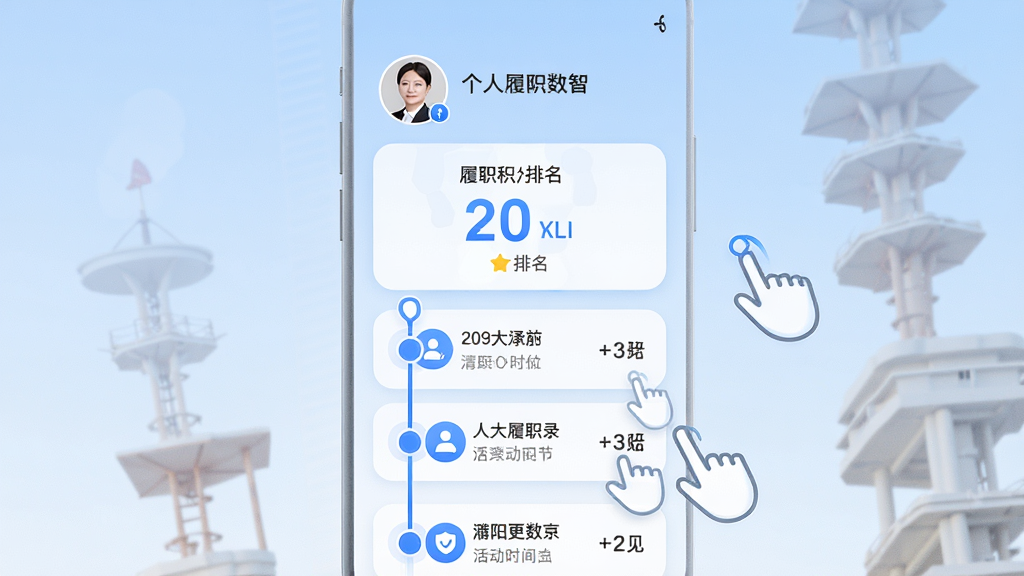 主体:手机端濮阳数智人大履职记录页面,显示代表姓名、履职积分、活动时间线。布局:手机竖向居中,界面上下滑动展示,背景为淡蓝色渐变。排版:顶部为个人头像与姓名,中间为积分数字与排名,下方为时间线列表,每条记录带图标。风格:简洁清爽,卡片式设计,圆角元素,色彩以白蓝为主。细节:积分数字突出,时间线有滑动手势示意,画质高清,干净,无多余元素。