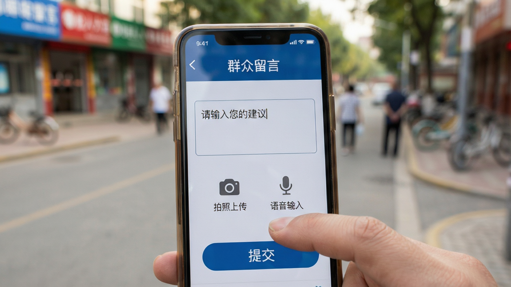 主体:群众使用手机在濮阳数智人大上提交留言,屏幕显示留言输入框与“提交”按钮。布局:手机特写,屏幕面向观众,背景为社区街道模糊处理。排版:输入框位于屏幕中部,下方有“拍照上传”“语音输入”图标,顶部为“群众留言”标题。风格:真实摄影风格,光影自然,手机屏幕内容清晰。细节:手指点击屏幕动作,屏幕显示文字“请输入您的建议”,画质高清,干净,无多余元素。